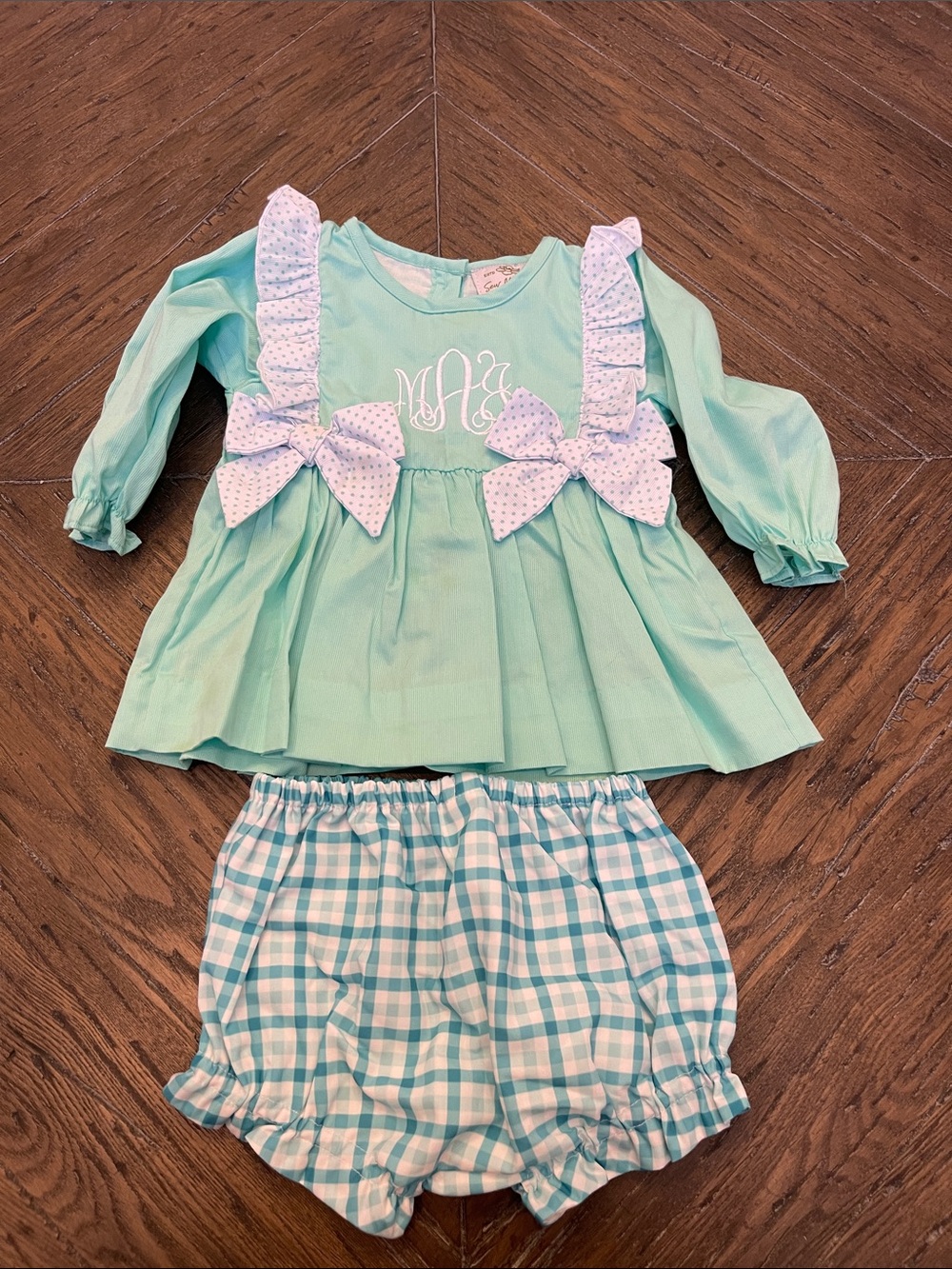 Sew Magnolia Mint Green Ruffle Top & Gingham Bloomer Monogrammed set MAJ